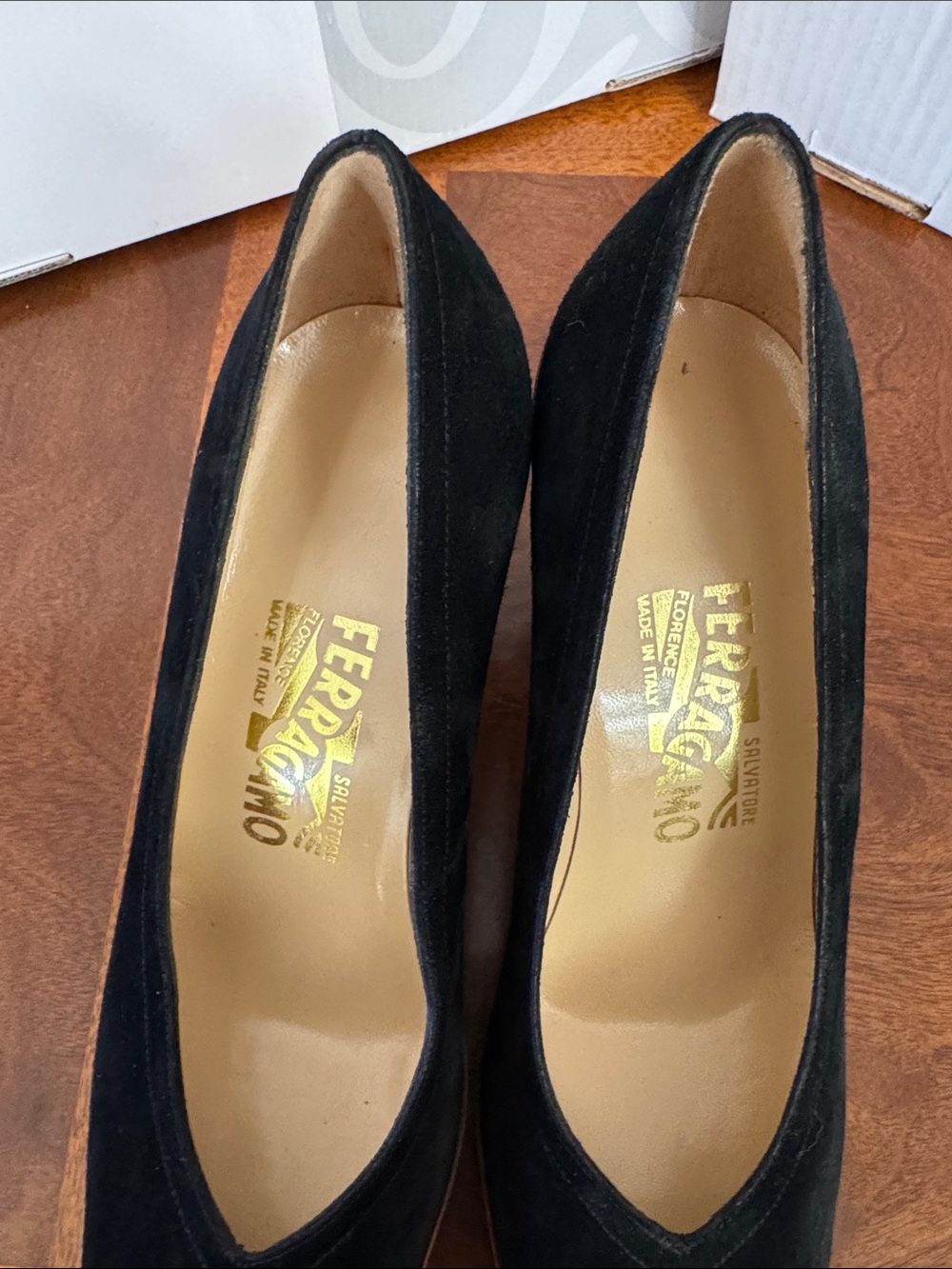 Salvatore Ferragamo Black Suede Pointed Pumps with Brown Sole Trim - Picture 7 of 8